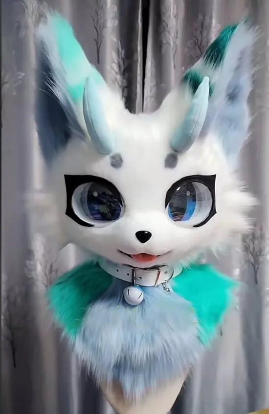 Handcrafted cute long plush fursuit headgear, cat mascot costume, Halloween Husky role-playing fox Cosplay disguise