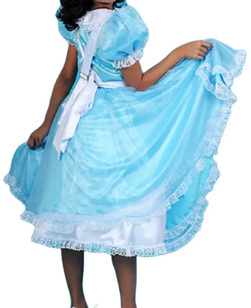 Hot Selling Long Sissy Organza Blue Independent Apron Doll Collar Lovely Long Dress Maid Dress Custom