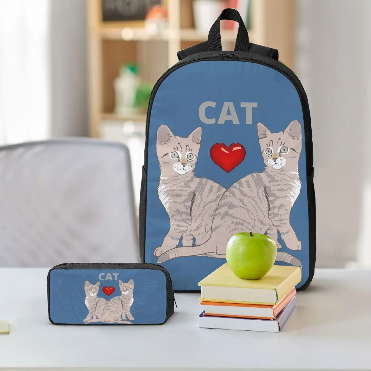 Gray Ginger And Siamese Kittens Cats Backpack Student BookBag School Bag Shoulder Bags 3ps Insulated Lunch Bag Pencil Case