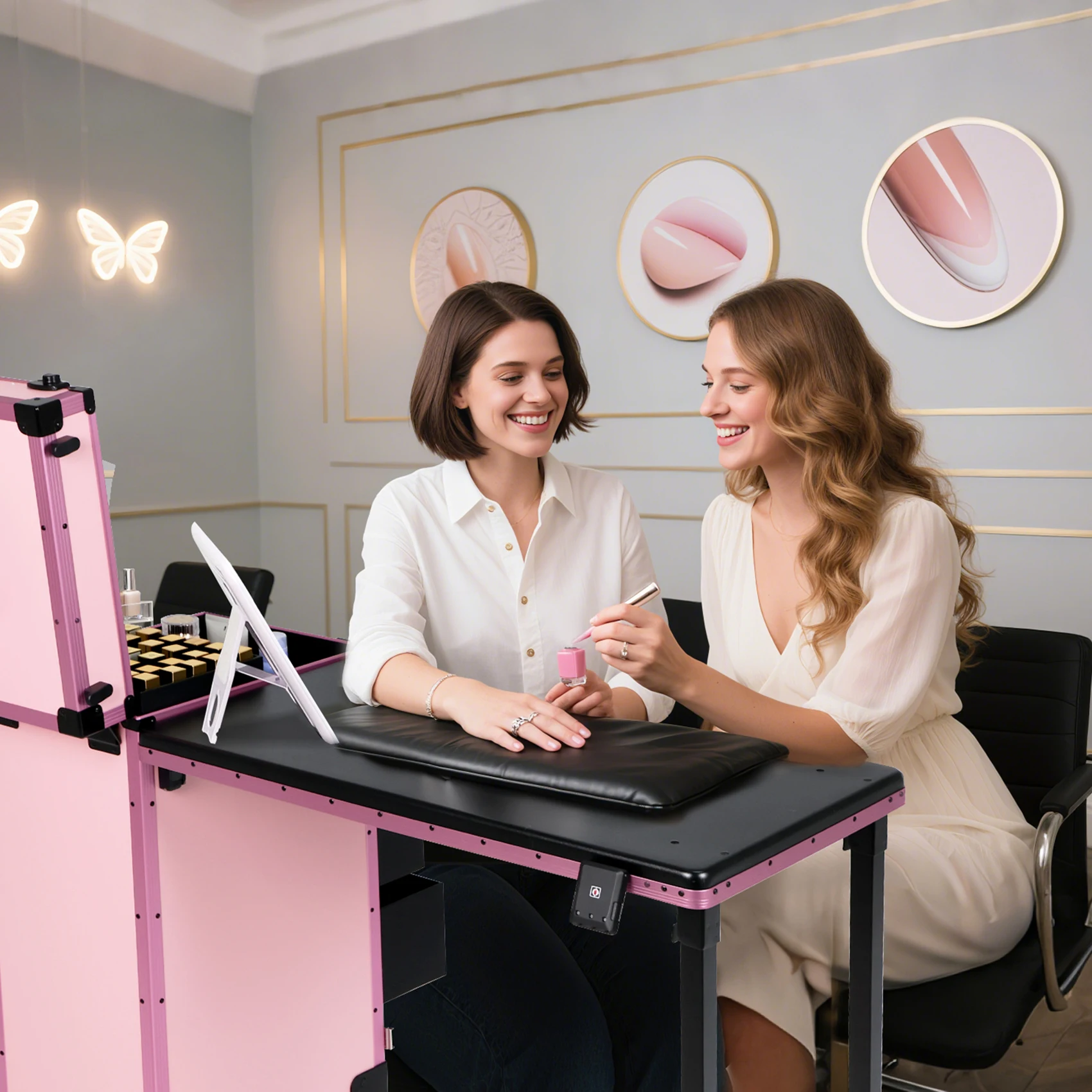 OBOX Foldable Nail Desk Portable Nail Table Salon Furniture Set For Makeup Artist Beauty Studio Can Do Customize