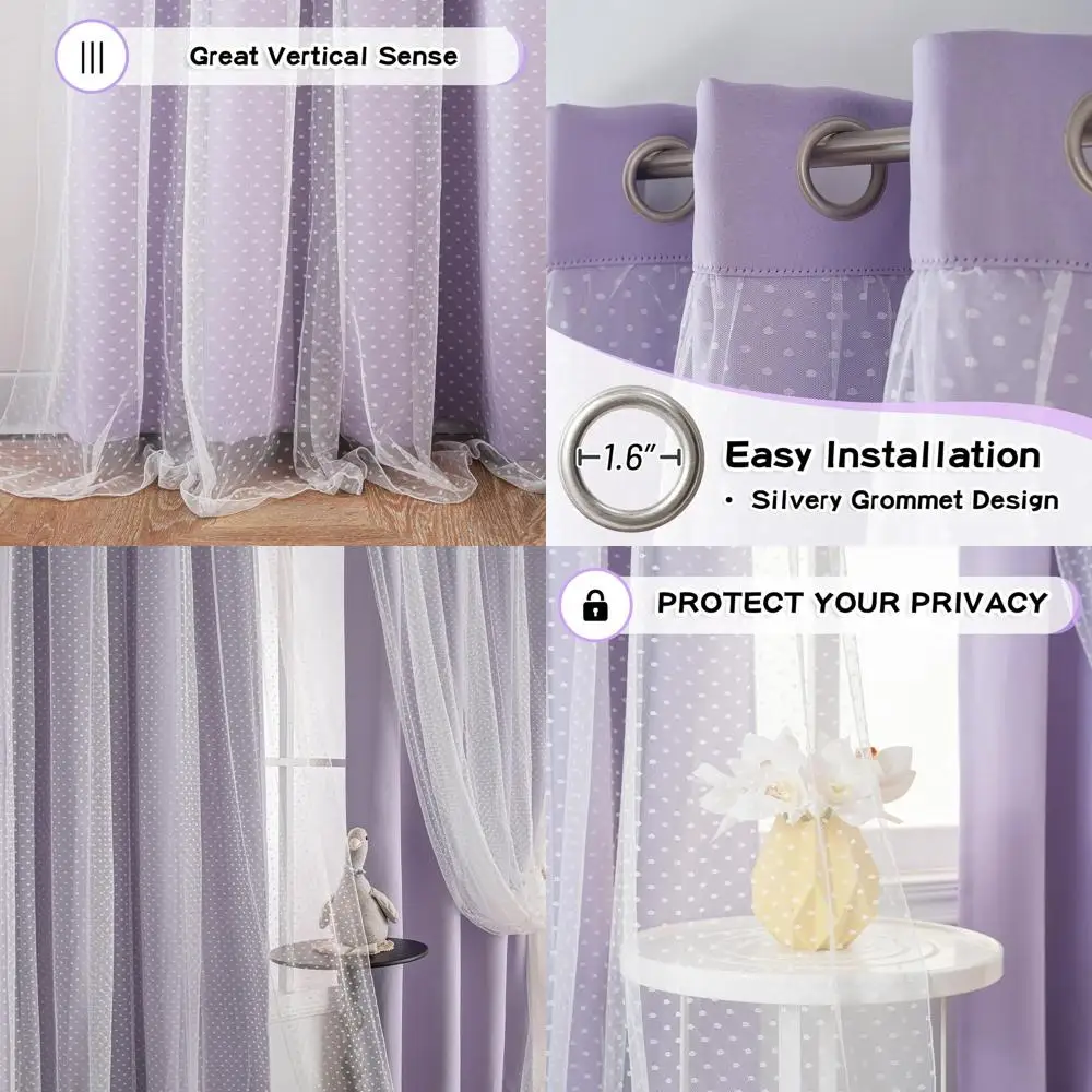 

Двухслойные плотные шторы в фиолетовый сиреневый горошек для спальни и детской комнаты для девочек, длина 63 года, ширина 52, 2 панели