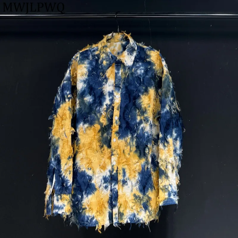 

MWJLPWQ Rough Edge Design Tie-Dye Shirt Men's High Street Long Sleeve Lapel 2025 Autumn Clothing Women Loose Casual Tops 20983
