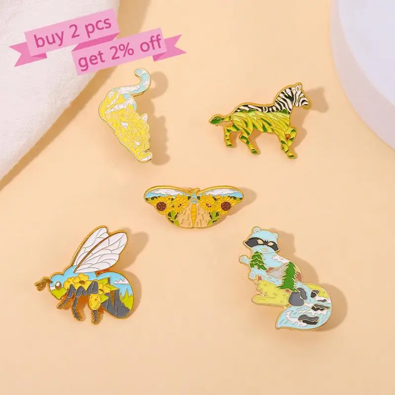 Wild Animals Enamel Pins Custom Zebra Raccoon Leopard Bee Brooches Lapel Badges Natural Scenery Jewelry Gift for Kids Friends