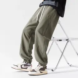 Korean Trendy Autumn New Casual Pant Men Solid Elastic Waist Pocket Drawstring Fashion Youth Plus Velvet Sports Harem Sweatpants