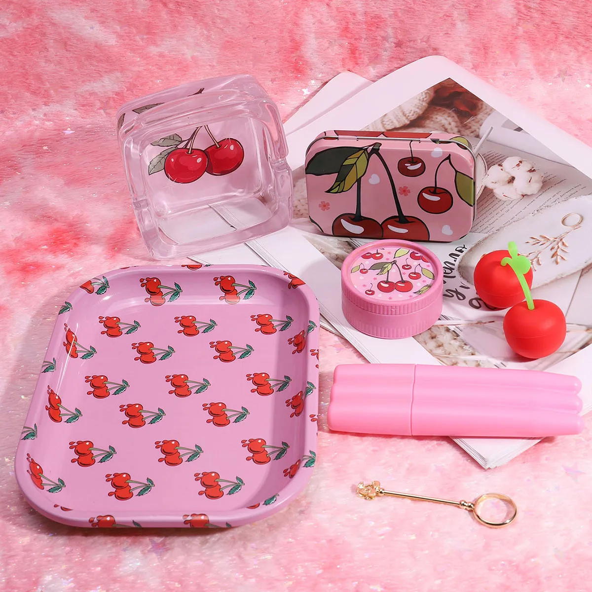 

7PCS Cherry Tinplate Smoke Accessories Set Tinplate Tobacco Rolling Tray Ashtray Small Cigaret Box Gift for Smoking Accessories