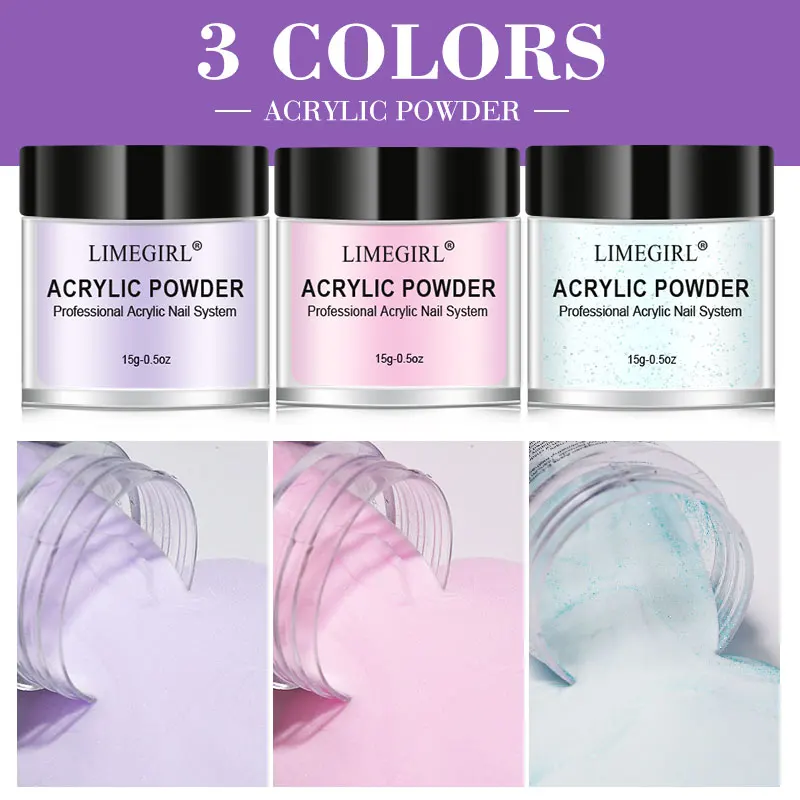 LIMEGIRL アクリルネイルキット 初心者用 15 グラムパープルブルーピンクパウダー & 40/75 ミリリットル液体プロフェッショナルネイルアクリルセットブラシ付き