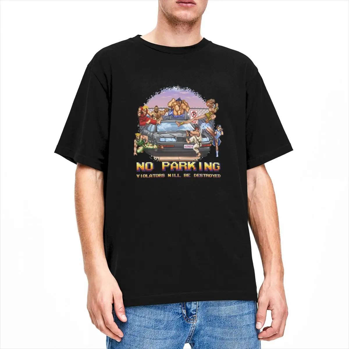 Street Fighter No Parking Violators Will Be Destroyed T-Shirts Men Vintage Cotton Tee Shirt Round Neck T Shirts Gift Idea Tops