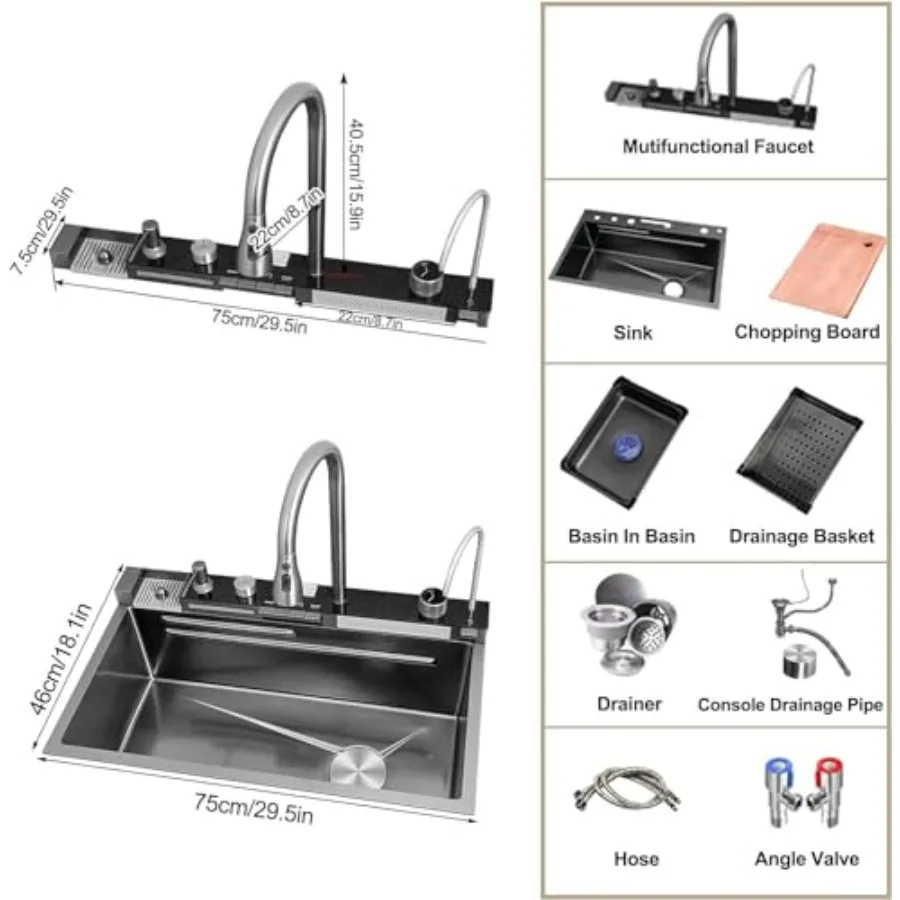 Digital Display Embossed Stainless Steel Nano Black Raindance Waterfall Drop In Sink with Pressurized Cup Washer and Two Waterf