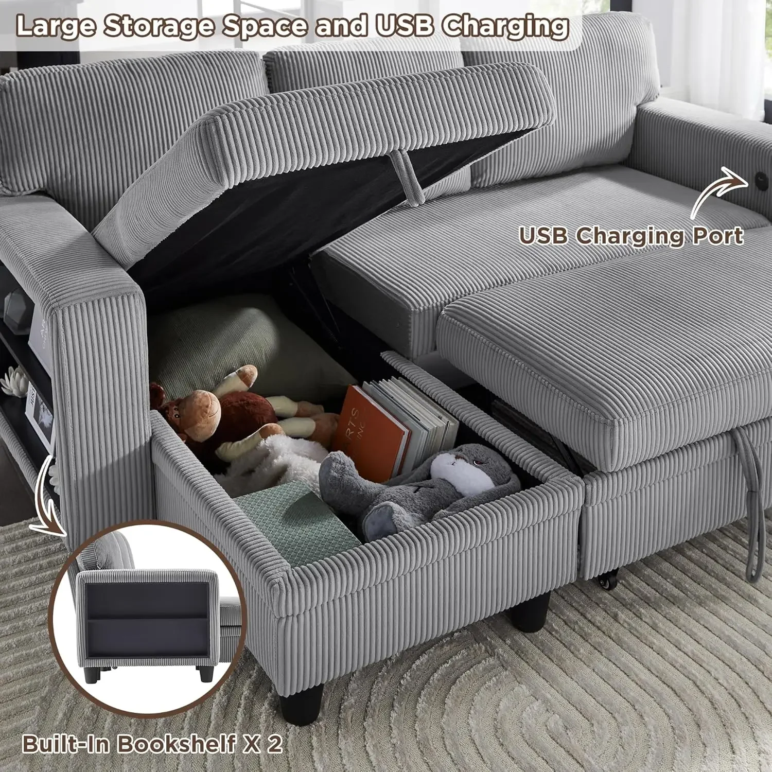 Canapé-lit convertible en forme de L, divan-lit rayé sectionnel avec chaise de rangement, 2 étagères intégrées, 80 po