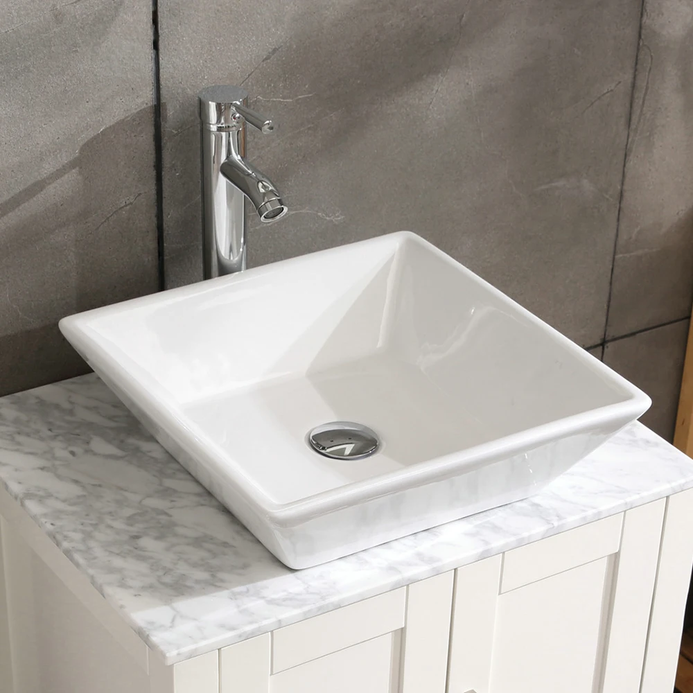 Fregadero cuadrado de porcelana blanca para baño, cuenco de encimera para tocador, lavabo rectangular, moderno, 16,5 pulgadas