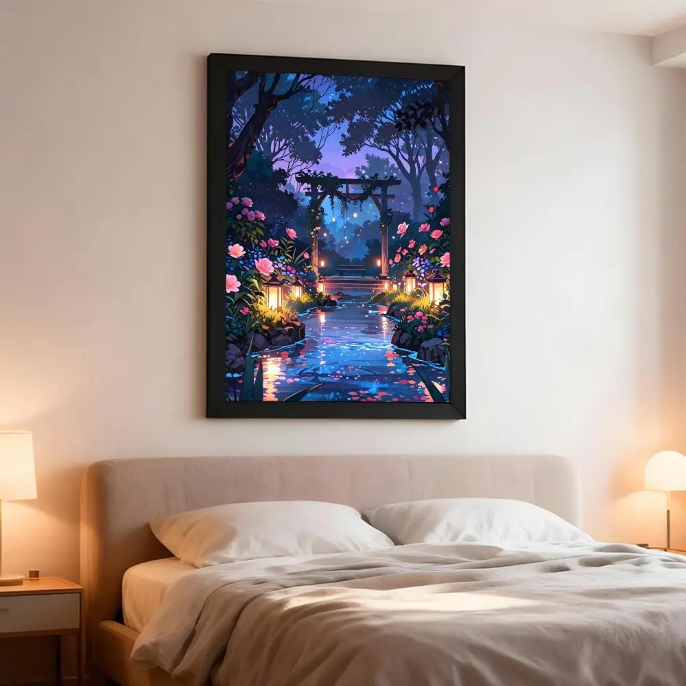 Art N-Nighttime Dreamy Lantern Flowers Poster Artistic Instant Peel-Off Wall Decor Atmosphere Setter for Bedside & Shared Room