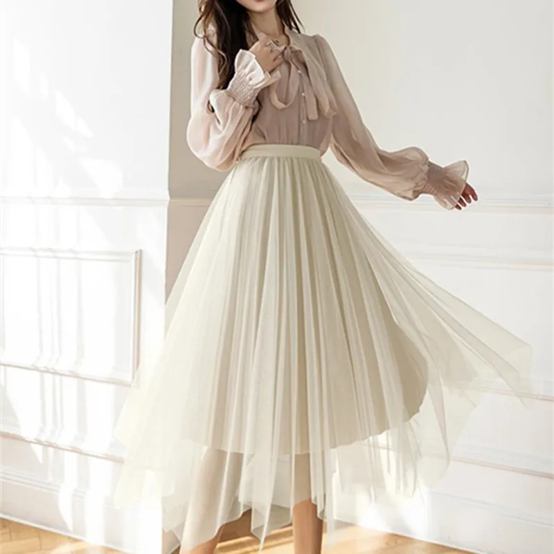 

Elegant Chic Pleated Yarn Skirt Women Wear on Both Sides Elastic High Waist Lace Skirts 2023 New Summer Fashion A-line Skirt