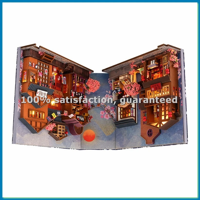 3D Wooden Book Stand Kit, Japanese Tavern Style with LED Light, DIY Miniature Book Nook, Multicolor-ABHG