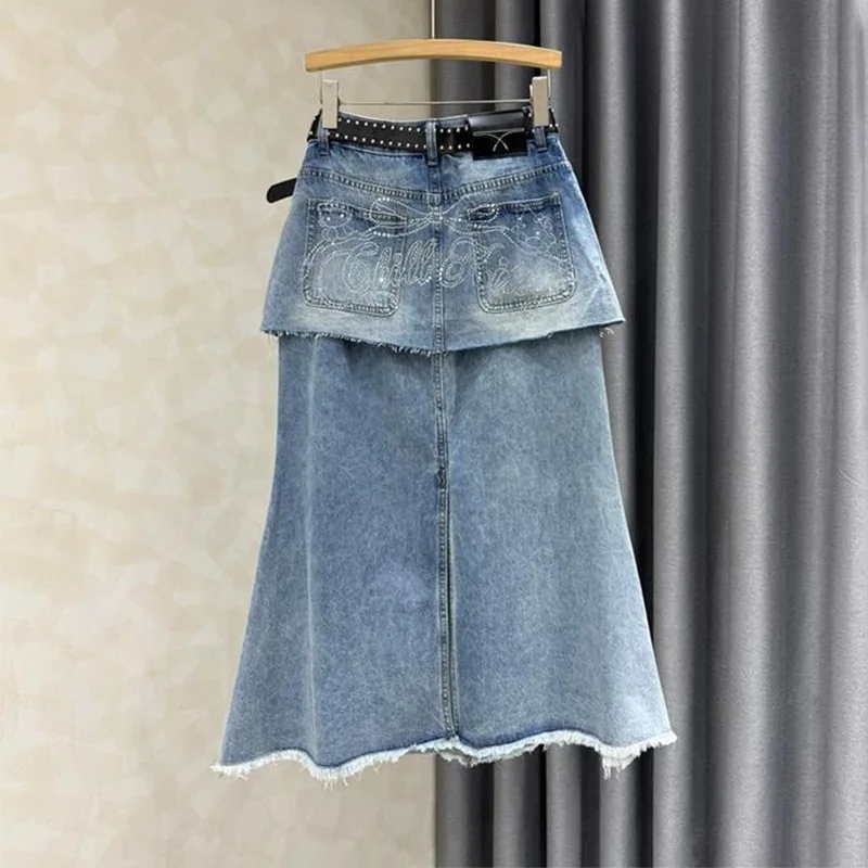 ANJY Spring Summer New Women Trendy Fashion Fake Two-Piece Ripped Design Denim Skirt Stylish High Street Patchwork Skirts A23524