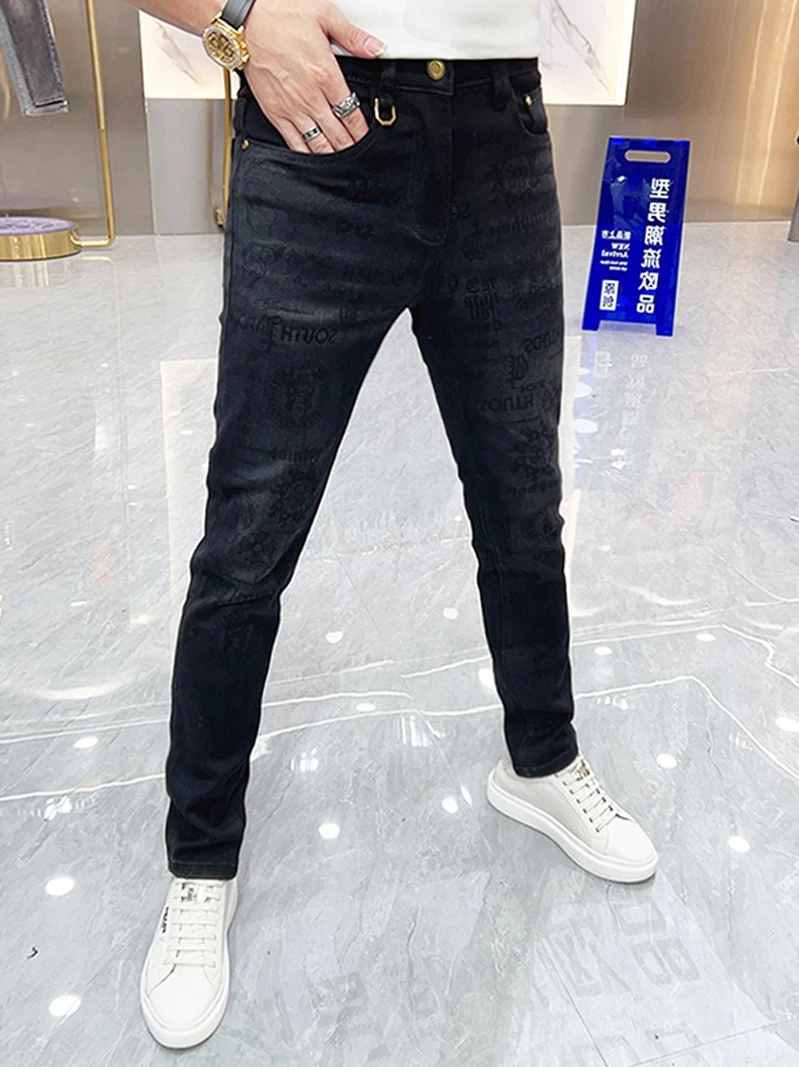 

Slim Fit Men's Jeans Bla Print Casual Elastic Youthful Autumn Winter Faionable Long Pants Straight Leg Zipper Closure