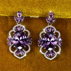 Female Crystal Purple Zircon Stone Stud Earrings Vintage Silver Color Wedding Jewelry For Women