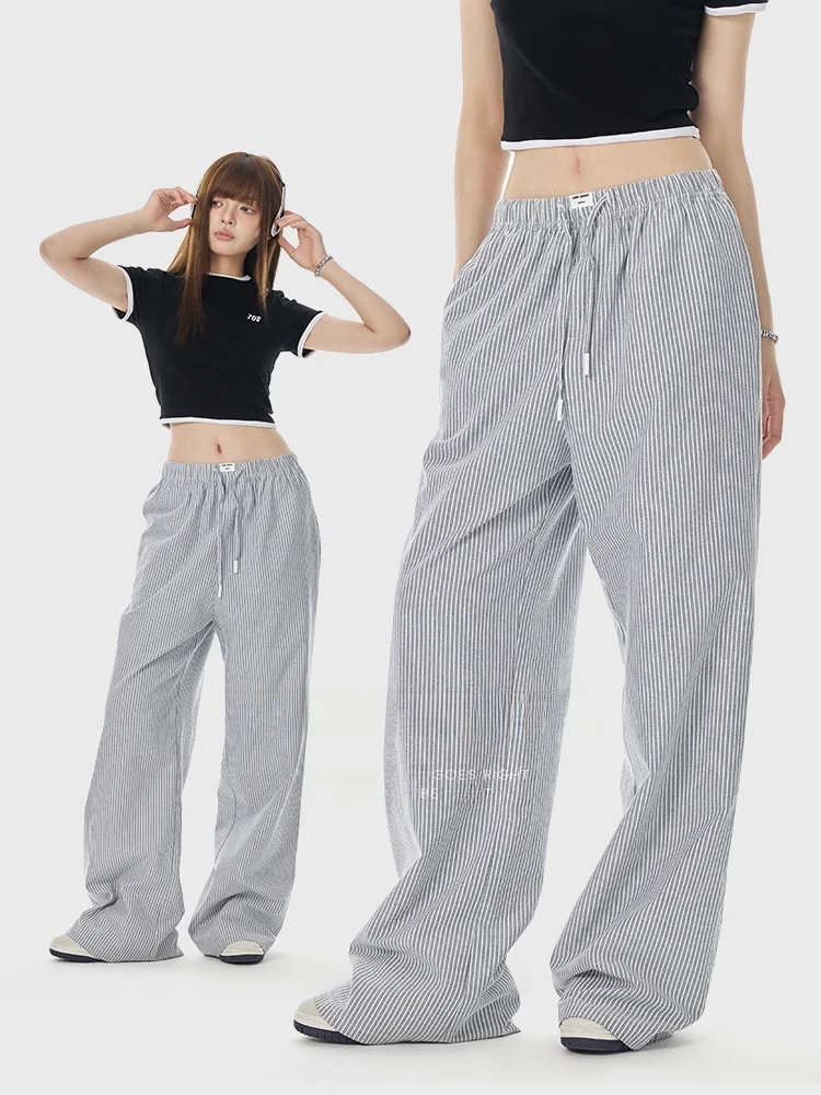 TurnSignal Trendy Striped Casual Pants Women's High Waist Wide Leg Loose Fit Sports Trousers Street Style Cotton Blend