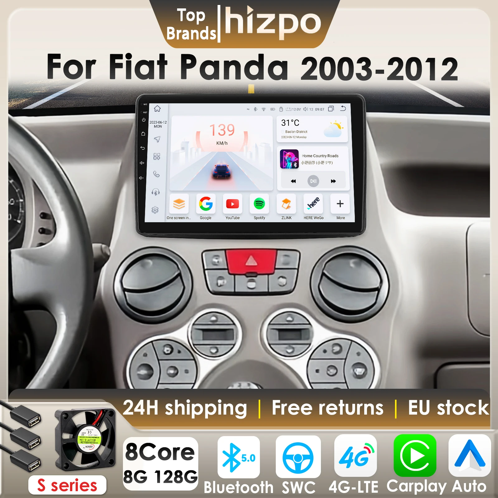 Hizpo Autoradio 2Din Carplay Android 14 per Fiat Panda 2003-2012, GPS Multimediale 4G WIFI 7862