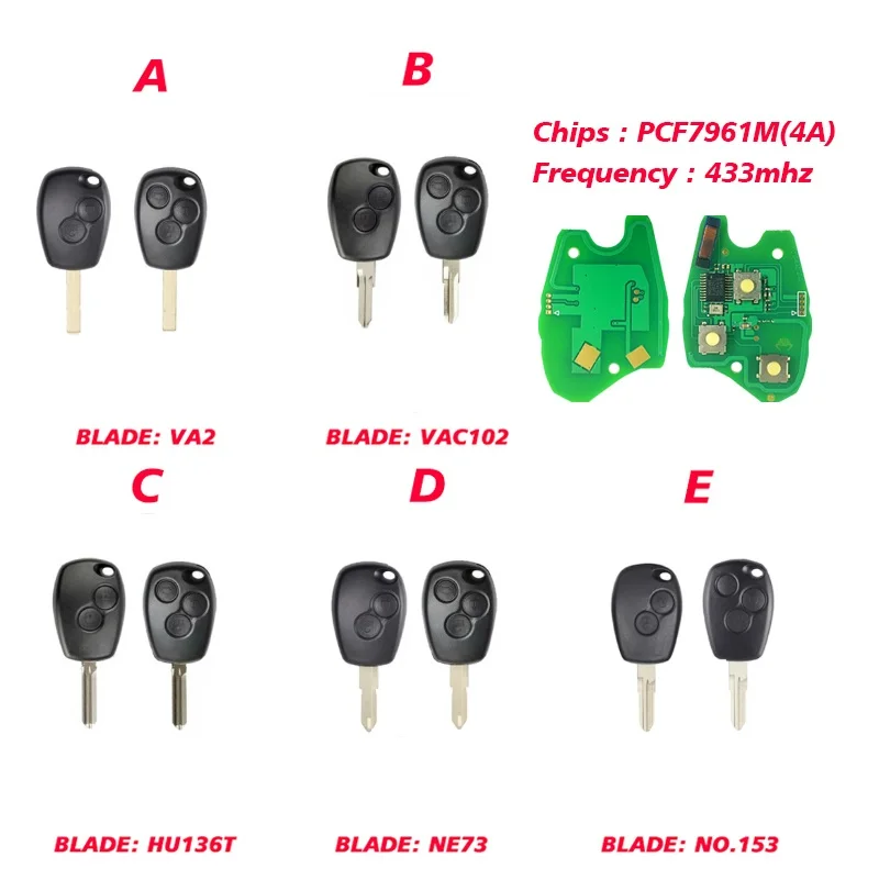 CN010073 2/3 زر PCF7961M 4A رقاقة مع شفرة VA2 Vac102 HU136T NE73 153 مفتاح السيارة عن بعد لـ R-enault 433mhz