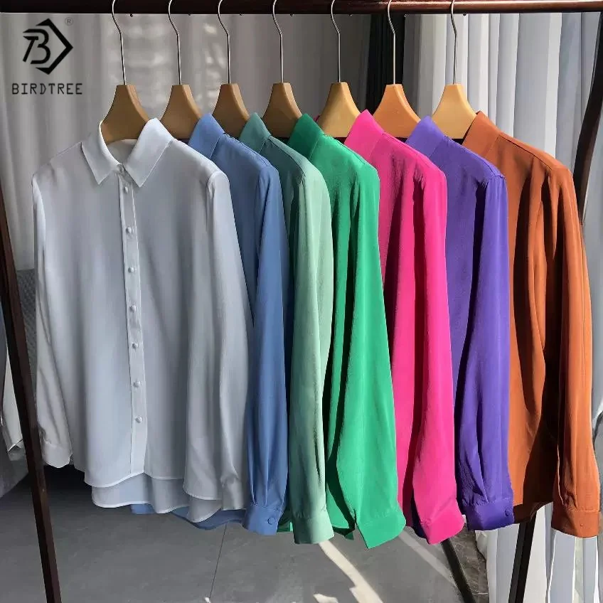 

BirdTree 17MM 100% Mulberry Silk Shirts,Women's Sand Washed Crepe Dechine Solid Blouse,Long Sleeves 2025 Summer AutumnT54510JF