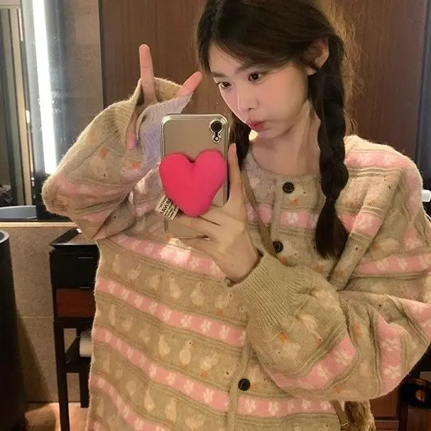 Cartoon Knitted Cardigan Duck Jacquard Oversized Women Gentle Style Contrast Top Korean Style Contrast Kawaii Sweater