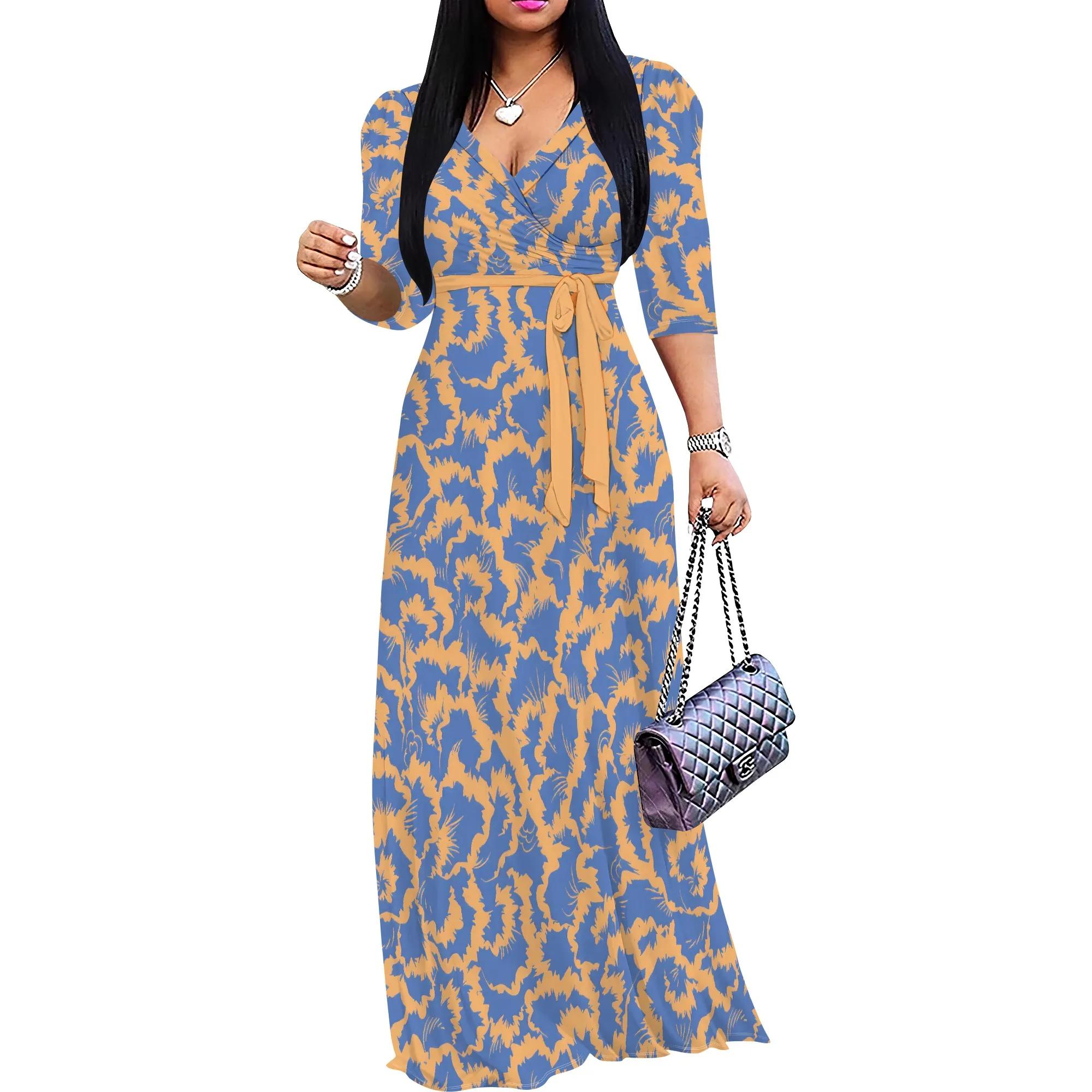 Mehrfarbiges Wickel-Maxikleid mit Rosenmuster, Übergröße, elegantes Frühlings-Hochzeitsgast-Partykleid