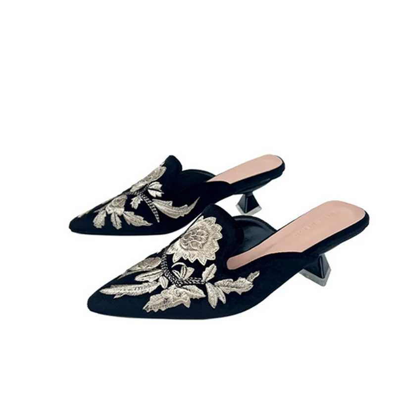 Lady Retro Embroider Floral Kitten Heel Slippers Front Closed Toe Stilettos Green Beige Black 4cm High Heels Slides 34-43 25cm