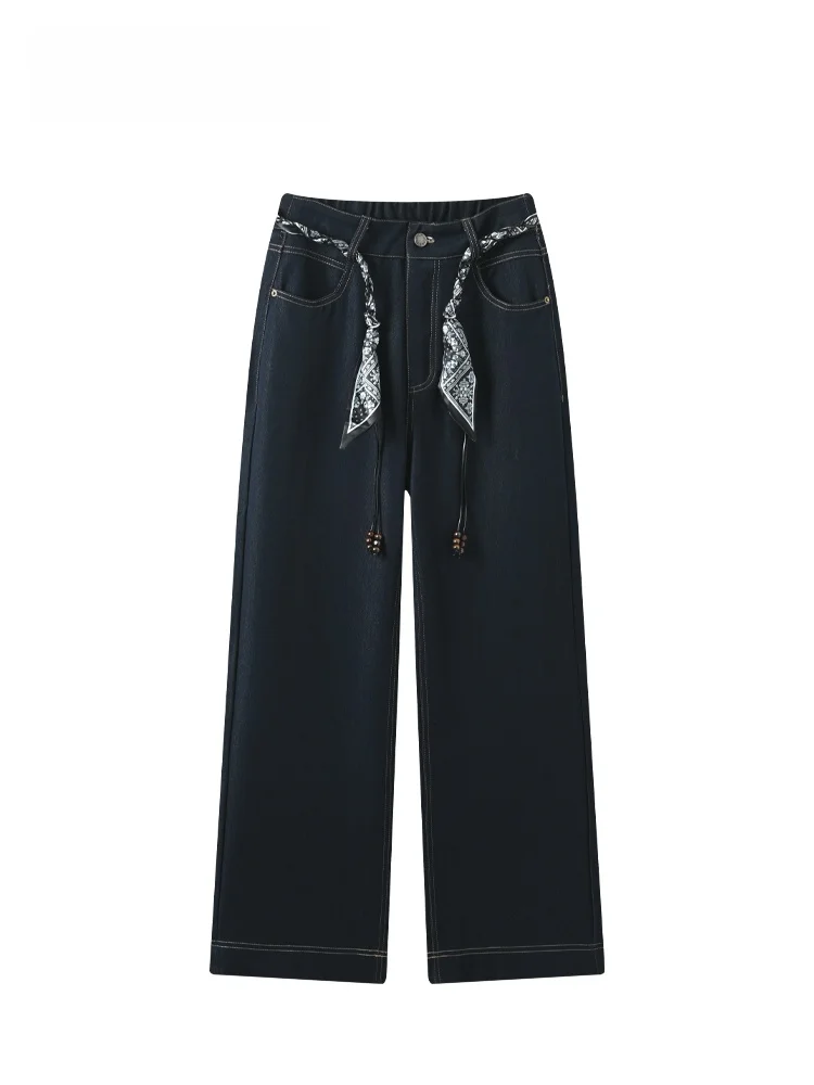 

Джинсы с высокой талией и прямыми штанинами, больших размеров, женские, новинка ранней осени, скрывающие недостатки фигуры, универсальные брюки для стройности