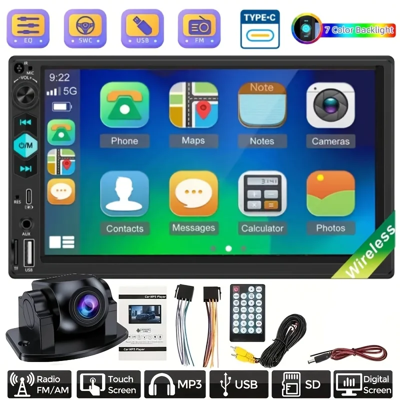 2DIN 7 بوصة سيارة مشغل MP5 شاشة تعمل باللمس راديو ستيريو قابل للتعديل عكس الكاميرا اللاسلكية مرآة ربط FM USB/TF بطاقة/AUX/Type-C