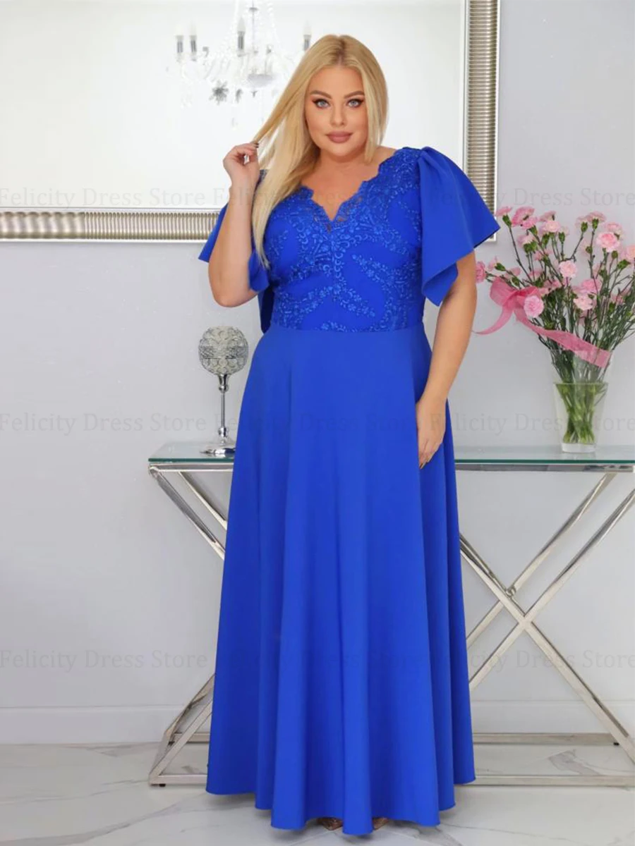 Elegante Plus Size Mutter der Braut Kleid A-Linie V-Ausschnitt Hochzeits gast Kleider Spitze Applikationen boden lange Abendkleider