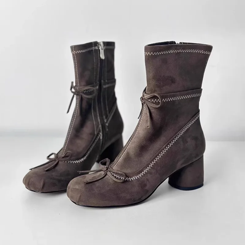 

Bow High Heels Ankle Boots Women's Designer Chunky Suede Shoes 2025 Winter Fashion Boots New Pumps Chelsea Gothic Mujer Botas
