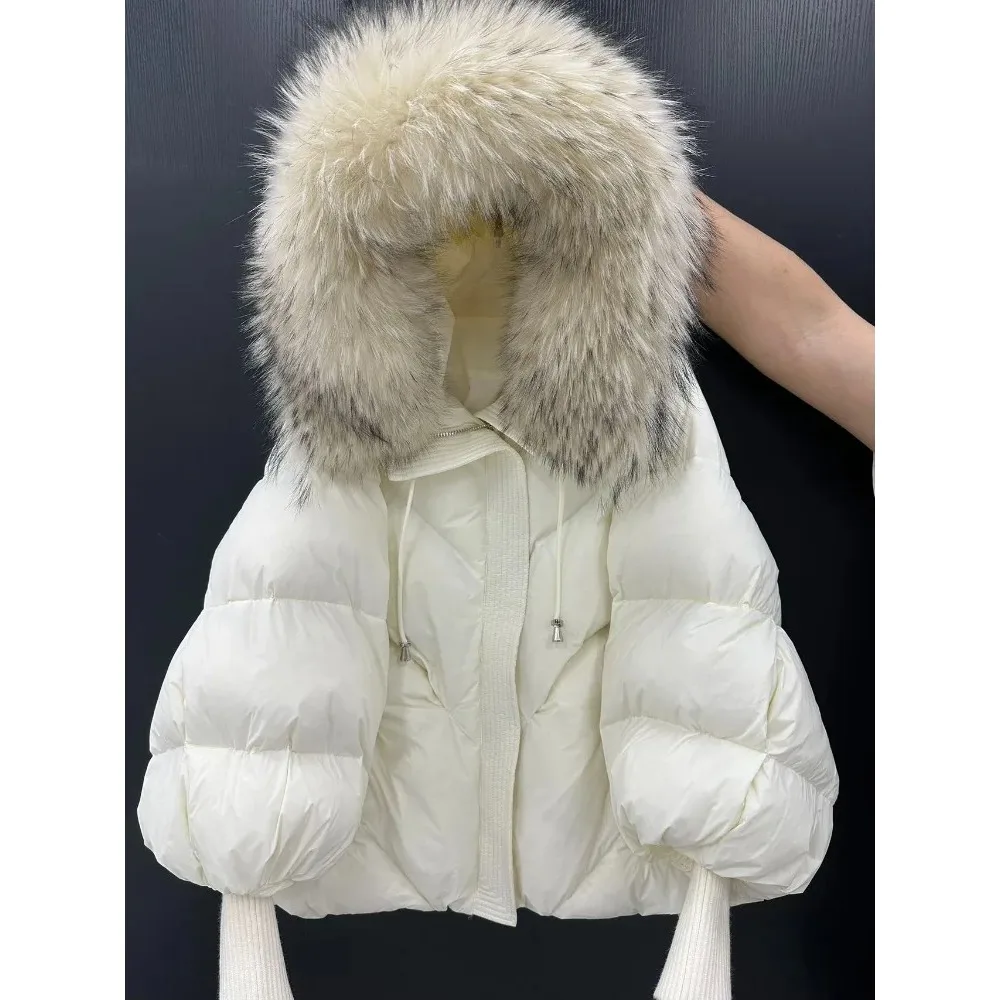 

Lagabogy 2025 New Winter Large Real Fur Hooded Puffer Jacket Women White Duck Down Mid Long Parka Thick Warm Knitted Sleeve Coat