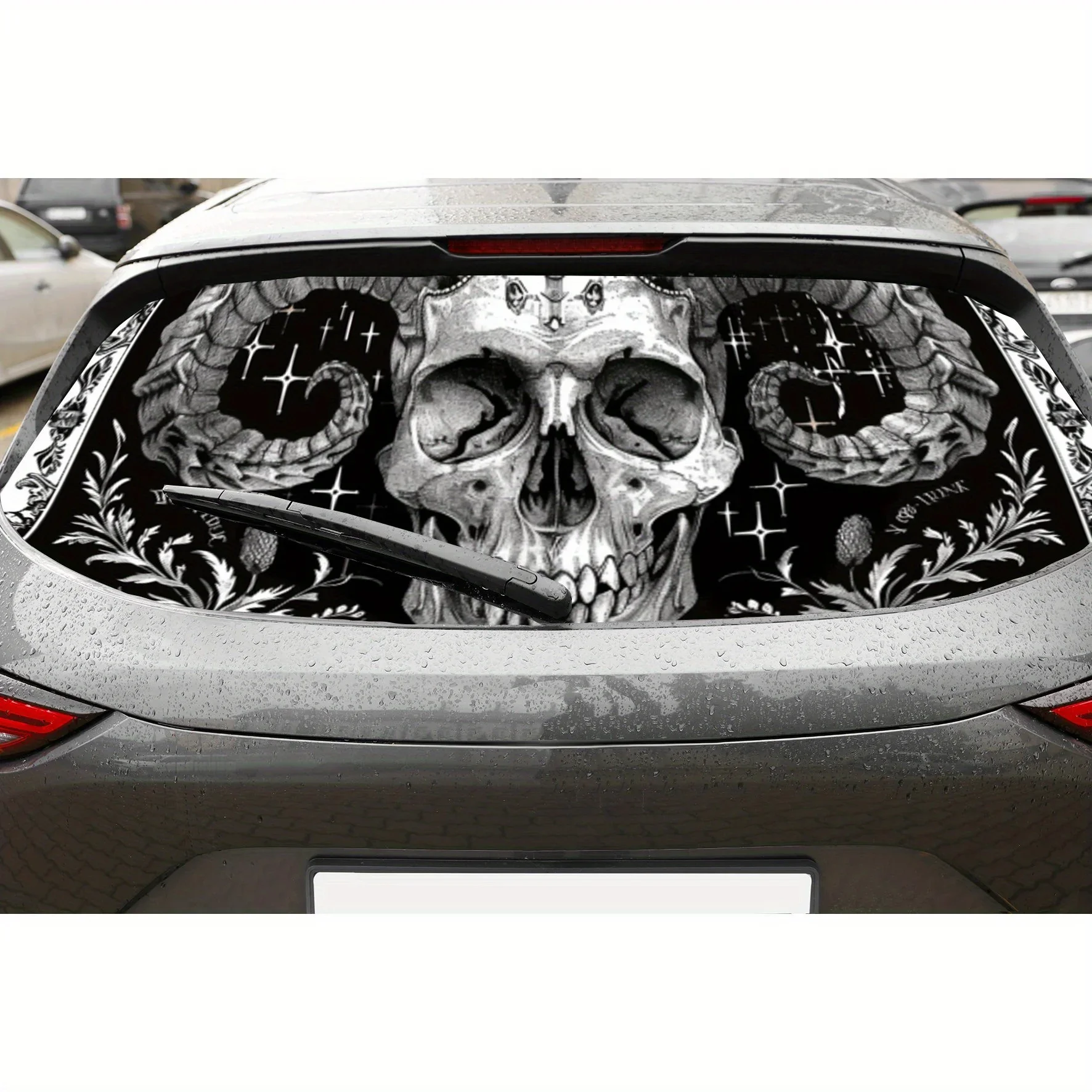 Black and White Ram Horned Skull PVC Perforated Car Vinyl Wraps, Durable Car Rear Windshield Sticker, Waterproof Car Rear Window