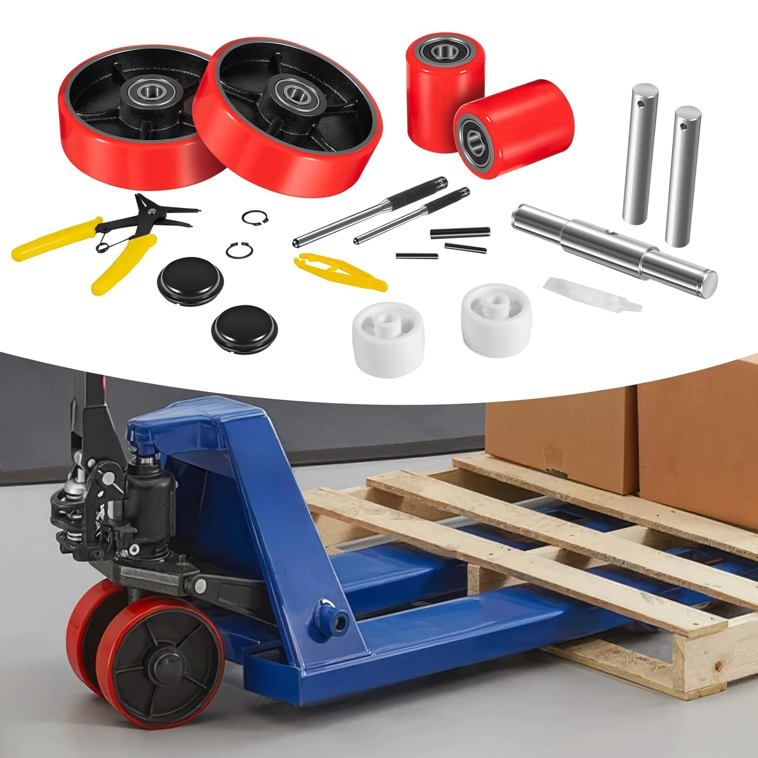 

Pallet Jack Wheels Kit for Most Hand Pallet Jacks-Complete Set with Steering Wheels 7"x 2" Pair, Load Roller 3" x 3.75" Pair