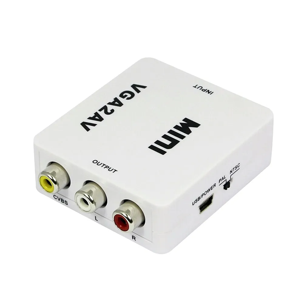 1080P Mini Vga to Av Rca Converter White Pc to TV Pal Ntsc Adapter Auto Detect High Resolution Video Conference