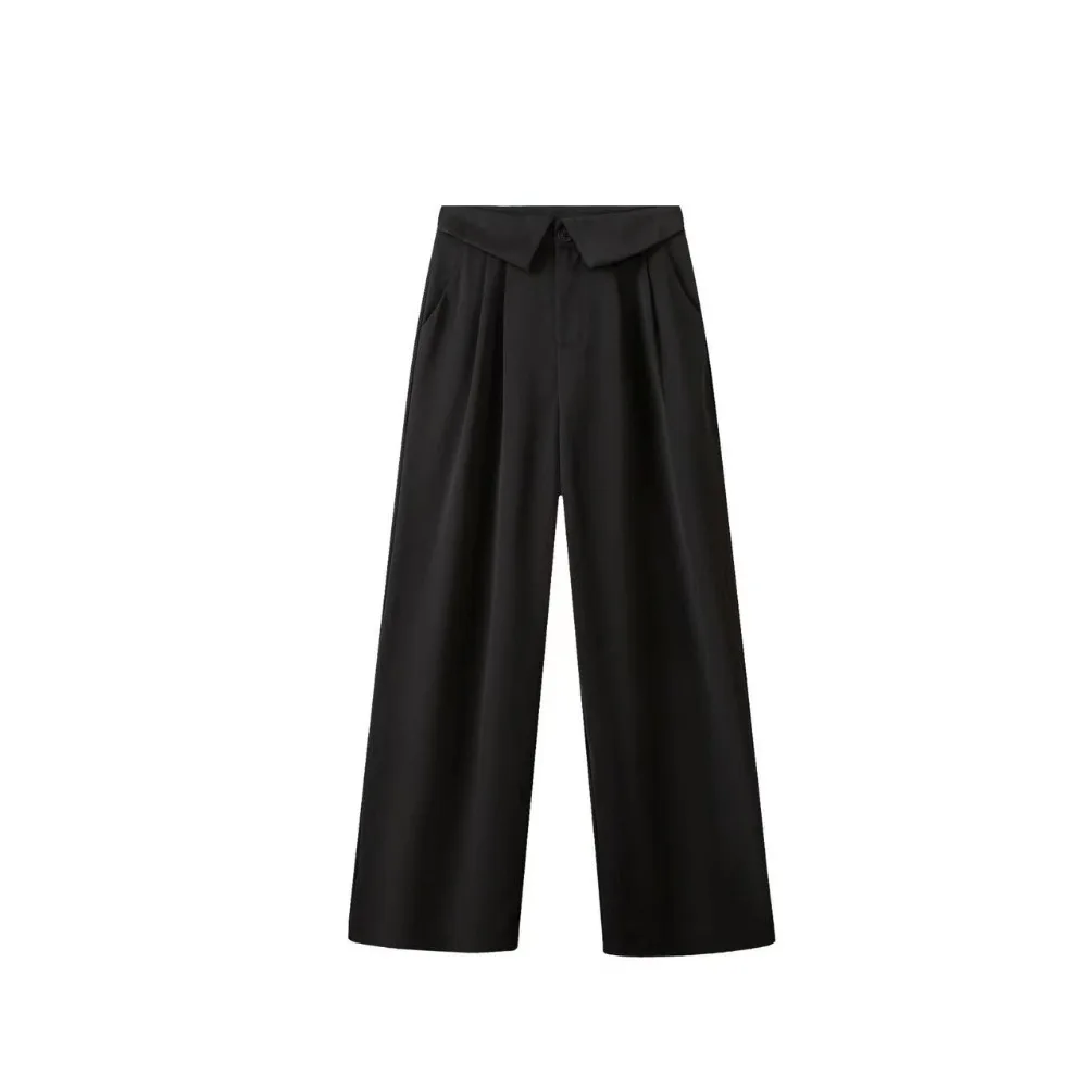 

Simple Loose Straight Leg Pants Workout Trousers Autumn Casual Pants Women Drape Feeling High Waist Flip Up Suit Pants Female
