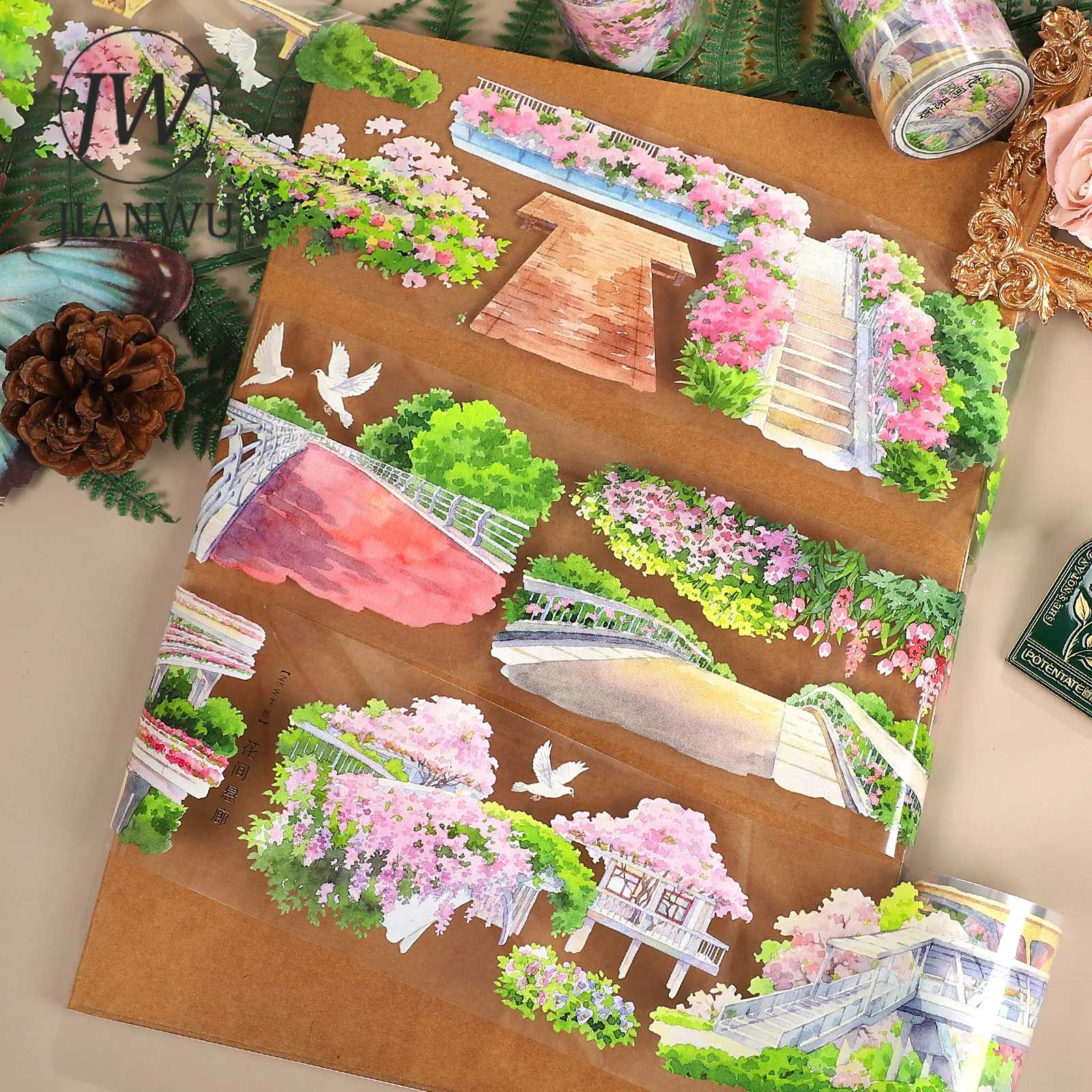 JIANWU 70mm*5.4m Vintage Plant Flower Corridor Landscape Material Collage Scrapbooking PET Tape Creative DIY Journal Stationery