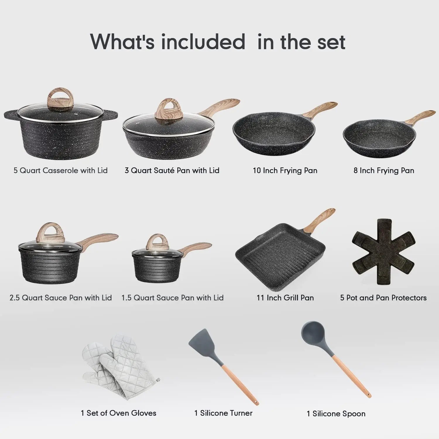 Jeetee Pots And Pans Set Nonstick 20Pcs, Granite Coating Induction Compatible With Frying Saucepan, Sauté Pan, Grill Cooking