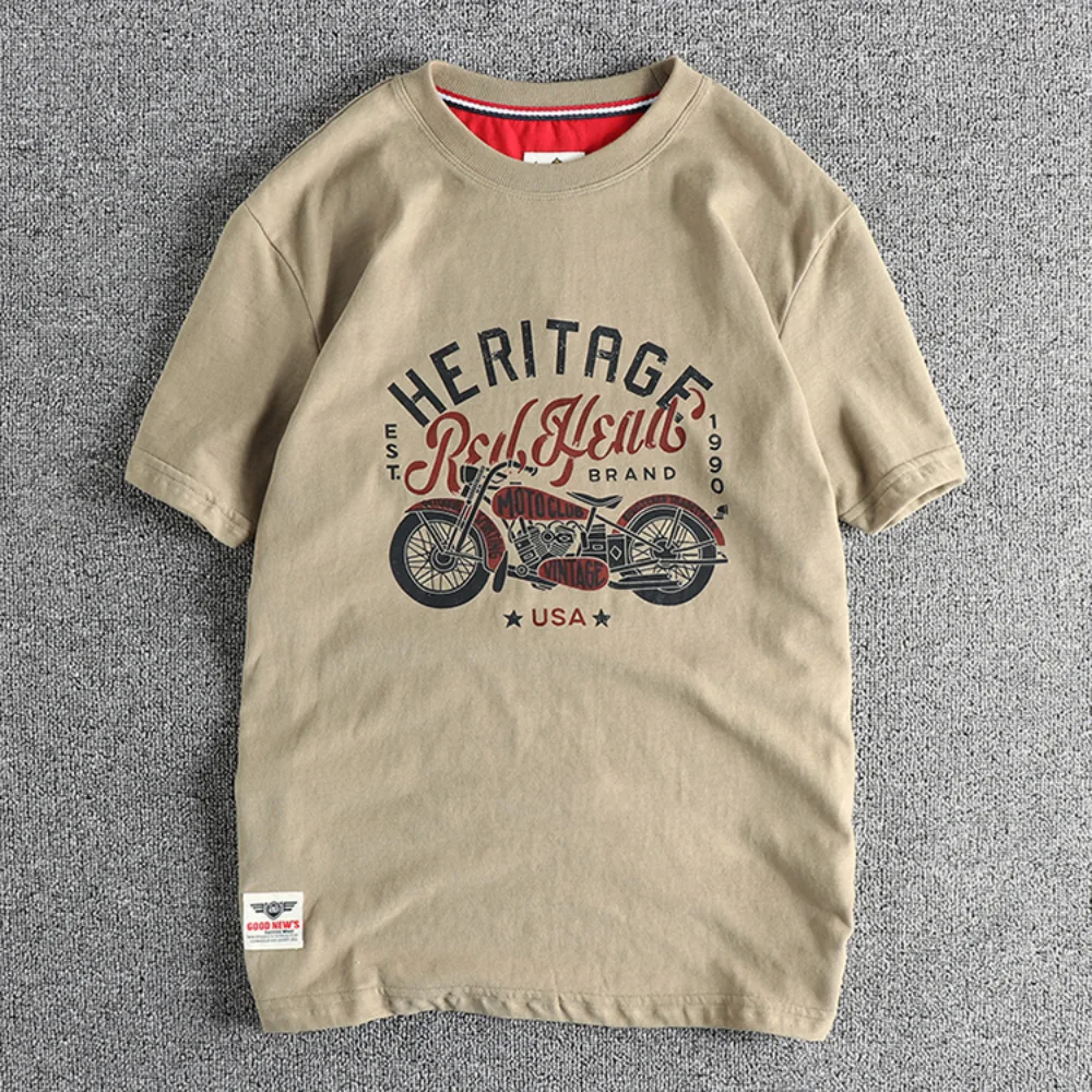 Vintage cotton short sleeve T-shirt Men\'s Motorcycle Print Summer May Khaki Youth half sleeve tee