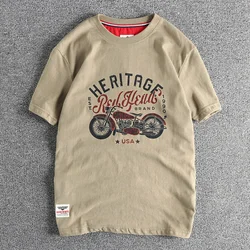 Vintage cotton short sleeve T-shirt Men's Motorcycle Print Summer May Khaki Youth half sleeve tee