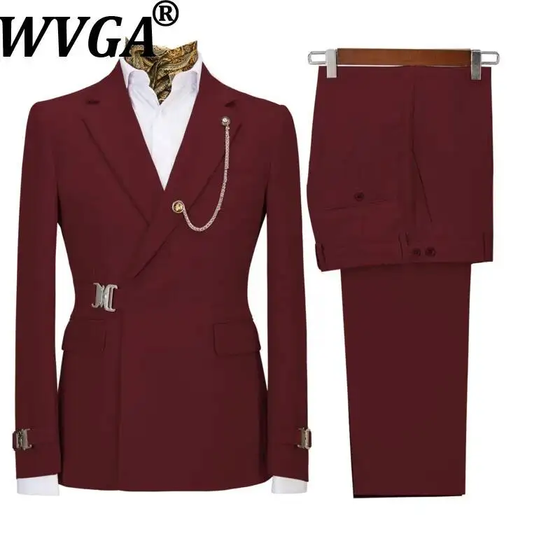 WVGA Spring Autumn New Men Tide Diagonal Metal Buttons Trendy Blazer Niche Chic Casual Straight Suit Pants Two Pieces Set W19968