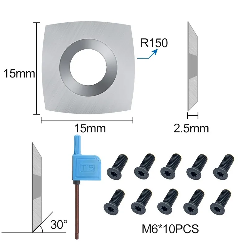 Outil de tournage du bois, 15mm, Insert en carbure, 10 pièces, 15x15x2.5mm, R150 pour tête de raboteuse spirale/hélicoïdale, outils de tour à bois
