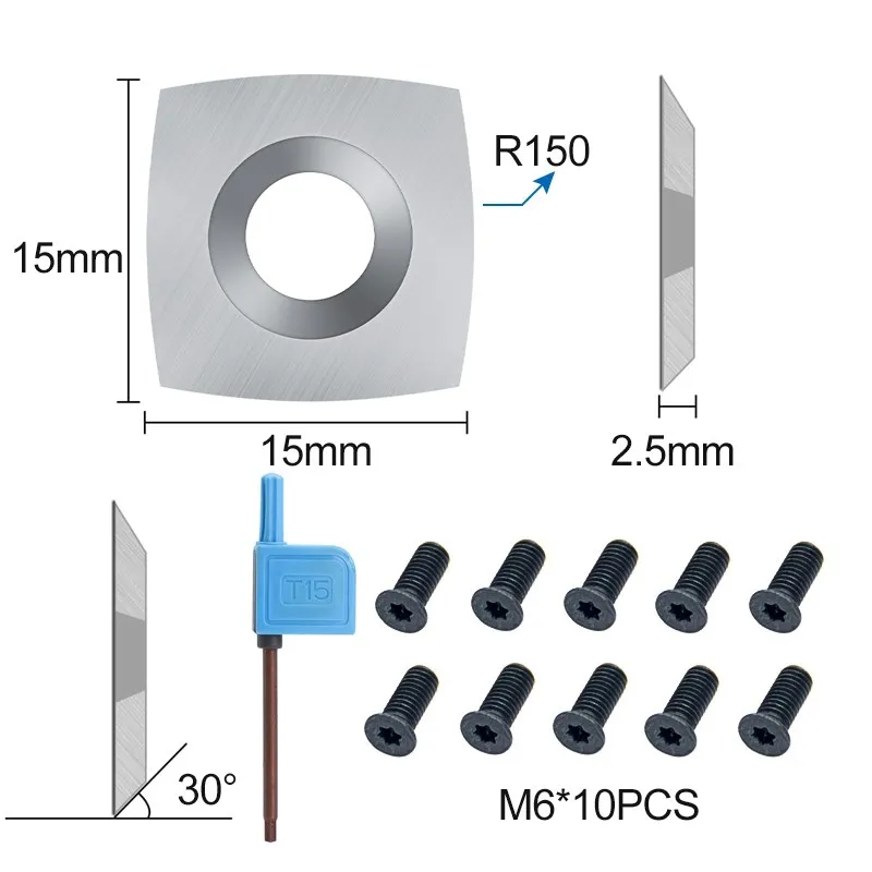 木材旋削工具15ミリメートル超硬インサート10個15 × 15 × 2.5ミリメートルR150スパイラル/ヘリカルプレーナー木工旋盤ツール