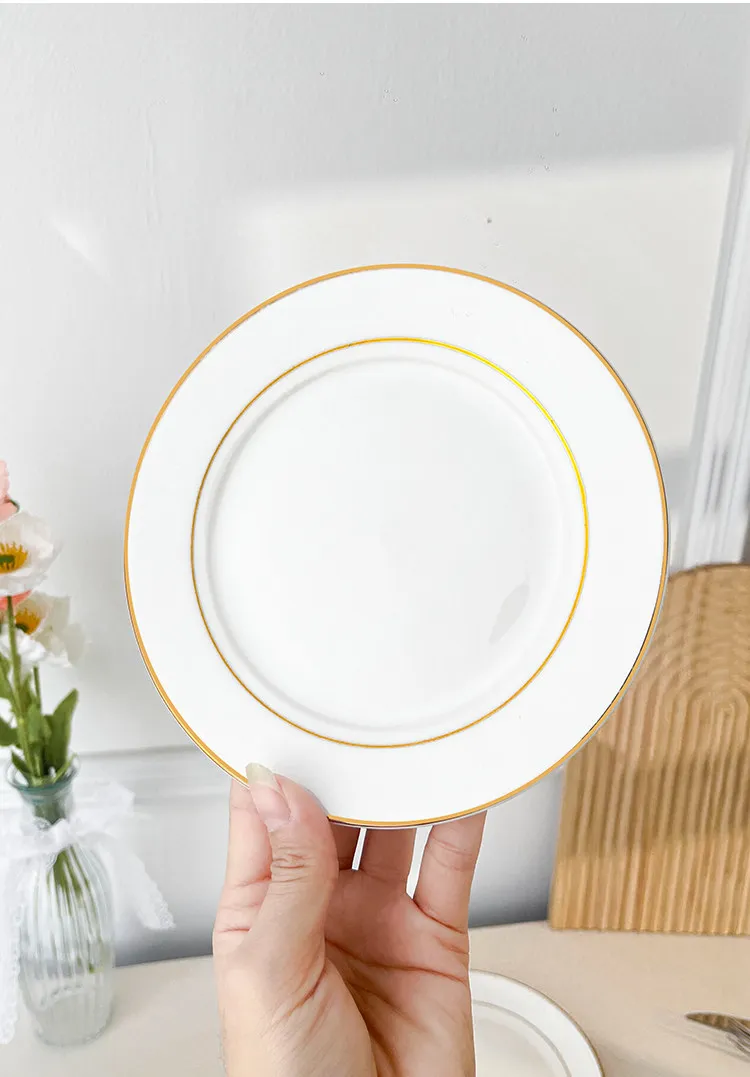 Double Gold Line Rim Ceramic Western Dinner Plates, Gold Trim Round Plates, Creative Tableware for Steak, Pasta & Breakfast