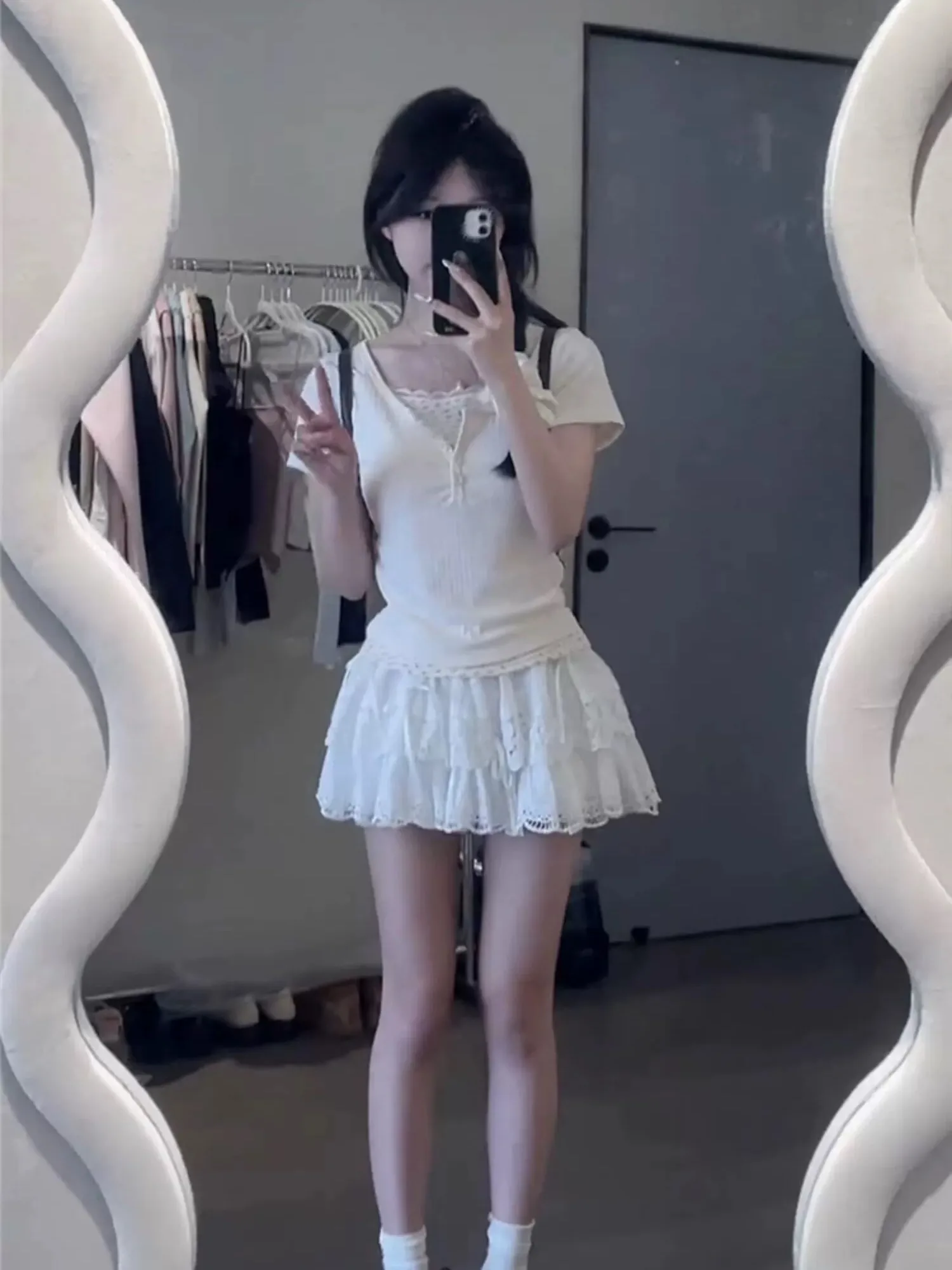 Ballet Sweet Girl ature Milk System Set Summer T-irt Top Cake ort Skirt Anti-aging Sweet Two-piece Set