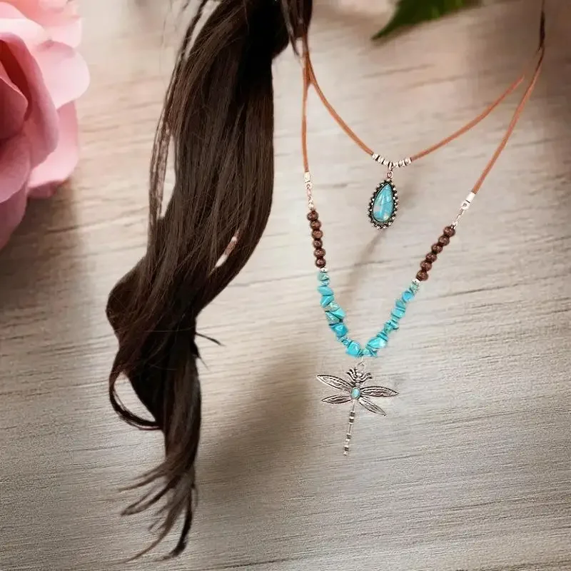 Ethnic Style Vintage Dragonfly Pendant Necklace For Women Bohemian Style Faux Turquoise Beaded Necklace