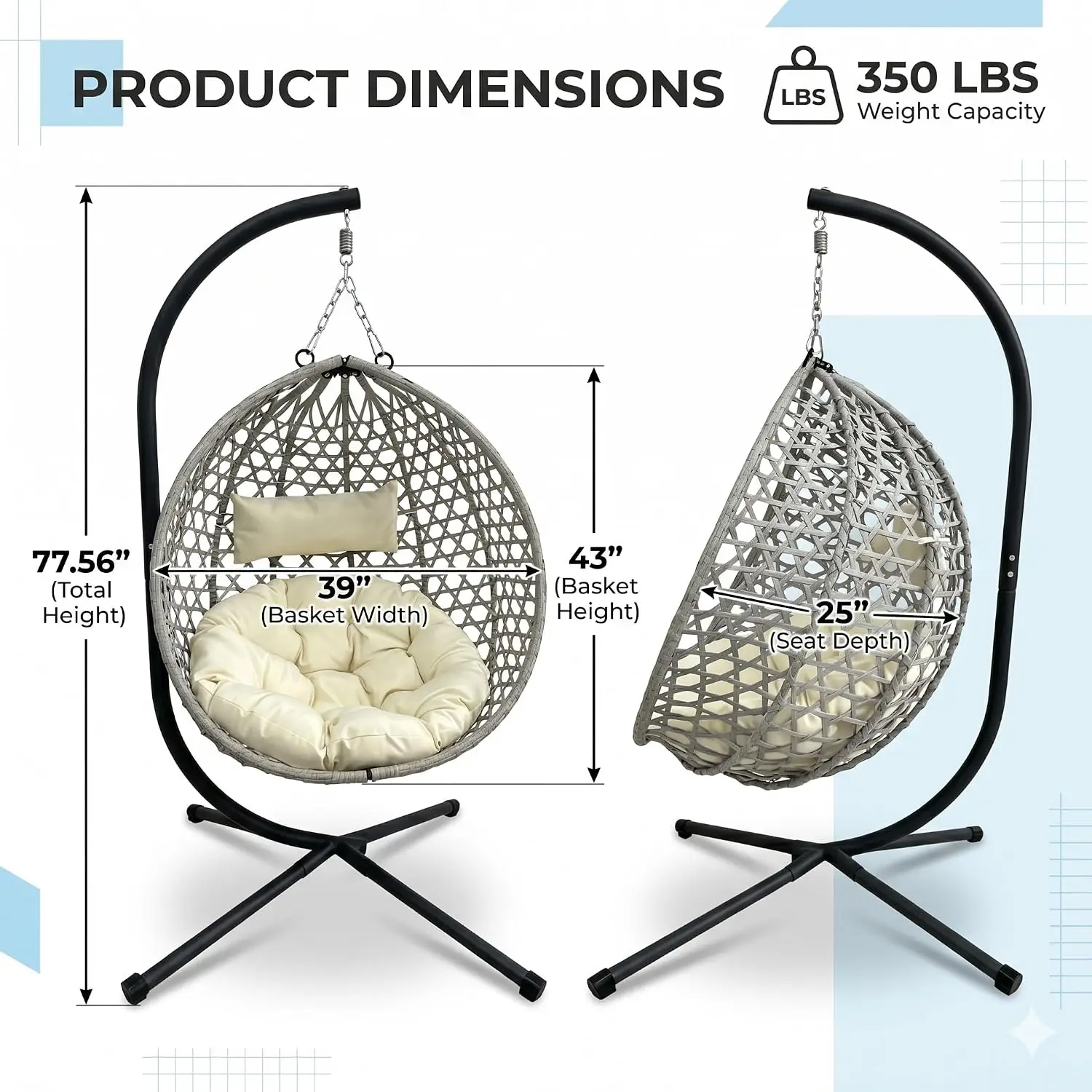 Freestanding Wicker Hanging Egg Swing Chair Steel Frame Cushion Headrest Patio Bedroom Balcony Garden 350 Lbs Capacity Grayish W