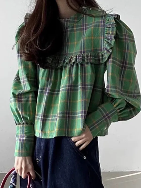 

Retro Plaid Doll Shirt Women's Casual Loose Long Sleeve Blouse Korean Style Lace Trim Design Polyester Fiber Bubble Sleeve