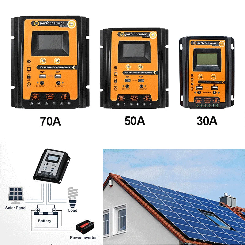 Imagem -04 - Controlador do Sistema Solar Controlador de Célula pv Regulador de Bateria Usb Porta dc Lcd 12v 24 30a 50a 70a Mppt