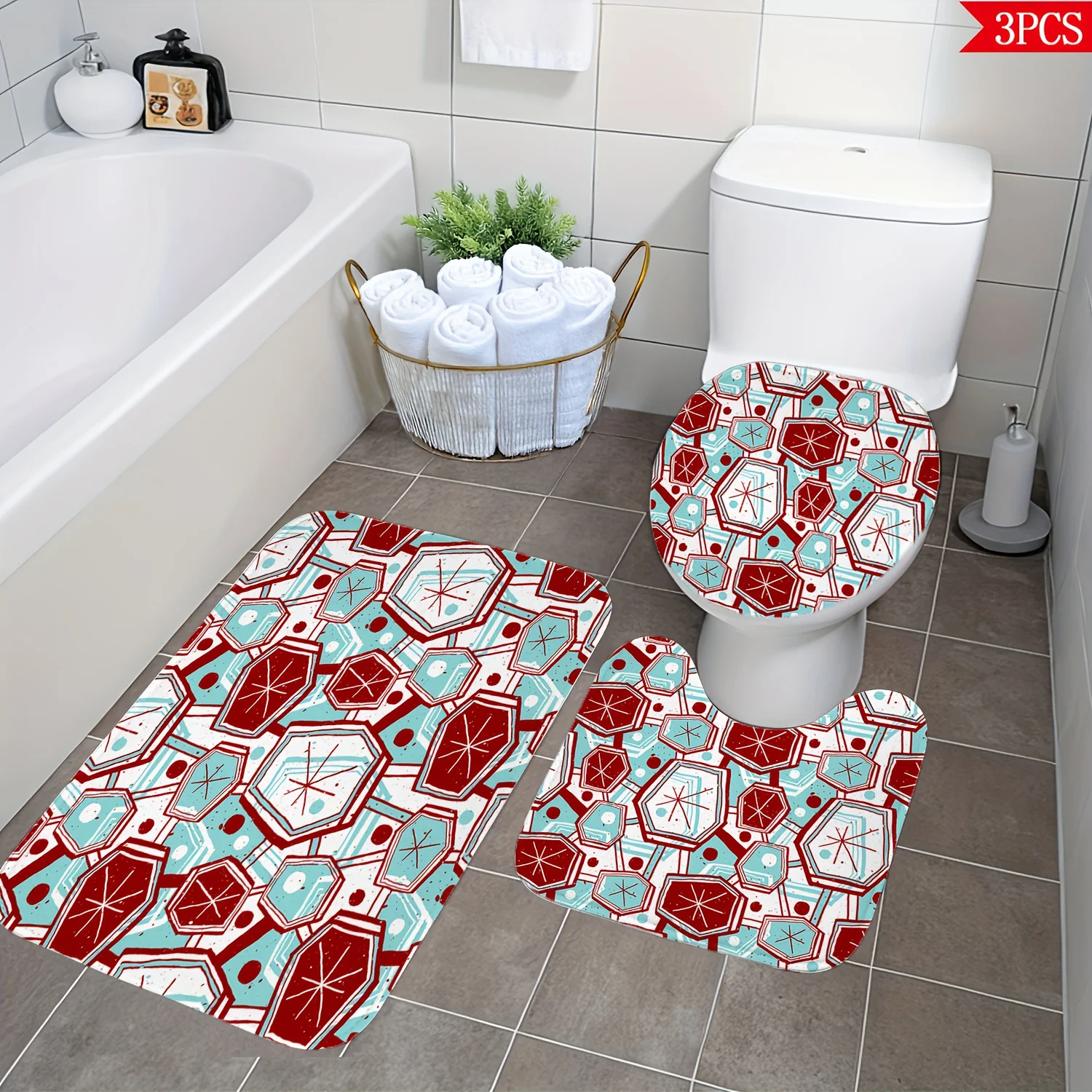 Premium 3 Pieces Bath Mat Set Waterproof Floor Rug for Toilet and Shower Mat Tropical Print Bathroom Accessories